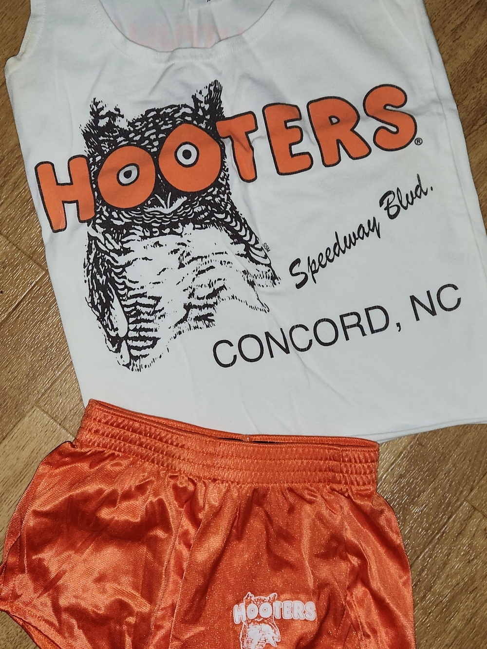 Vintage Hooters White Tank with Bright Orange Logo and Orange Satin Shorts